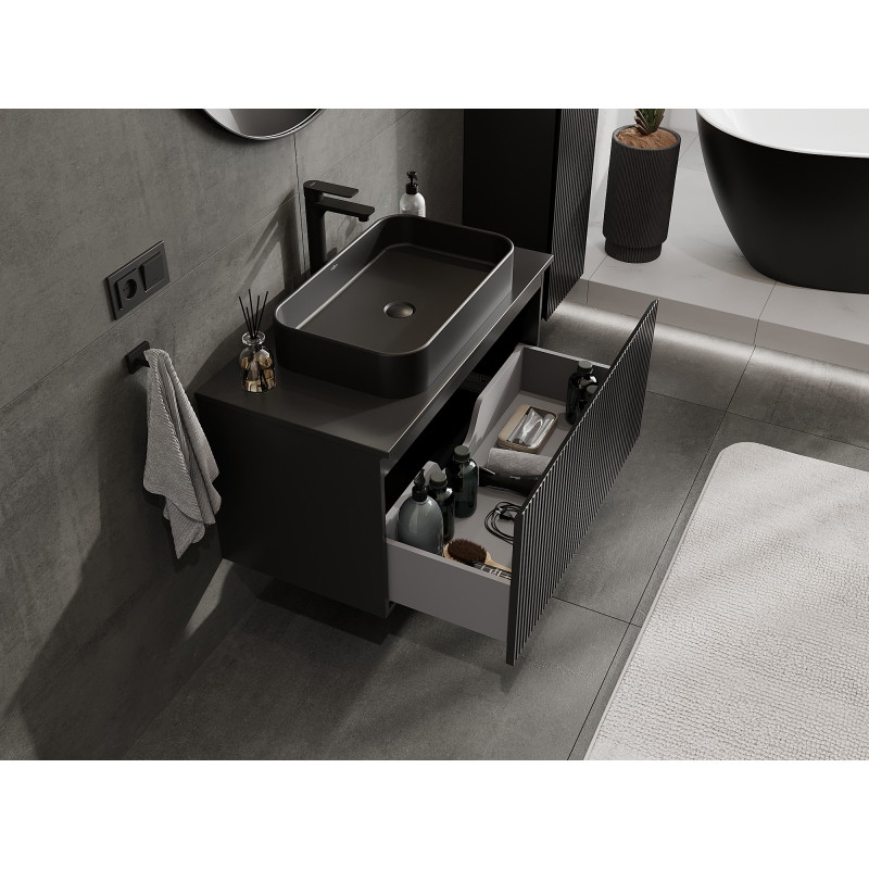 Mexen Rivel dulap baie sub chiuvetă 90 cm cu blat, 1 sertar, canelat, negru mat - 91A20-09047-1-BFC71