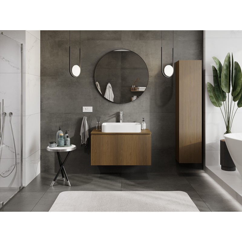 Mexen Rivel fürdőszobai mosdószekrény 90 cm-es pulttal, 1 fiók, bordázott, dió - 91A20-09047-1-BFC86