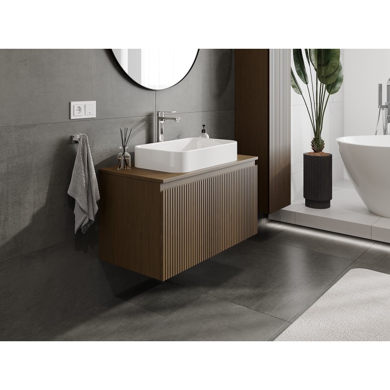 Mexen Rivel dulap baie sub lavoar 90 cm cu blat, 1 sertar, canelat, nuc - 91A20-09047-1-BFC86