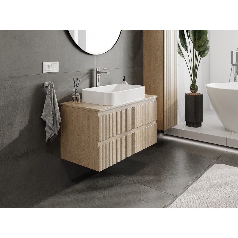 Mexen Rivel dulap de baie pentru lavoar 90 cm cu blat, 2 sertare, canelat, stejar - 91A20-09047-2-BFFC81