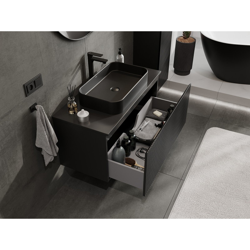Mexen Rivel dulap baie sub lavoar 100 cm cu blat, 1 sertar, cu nervuri, negru mat - 91A20-10047-1-BFC71