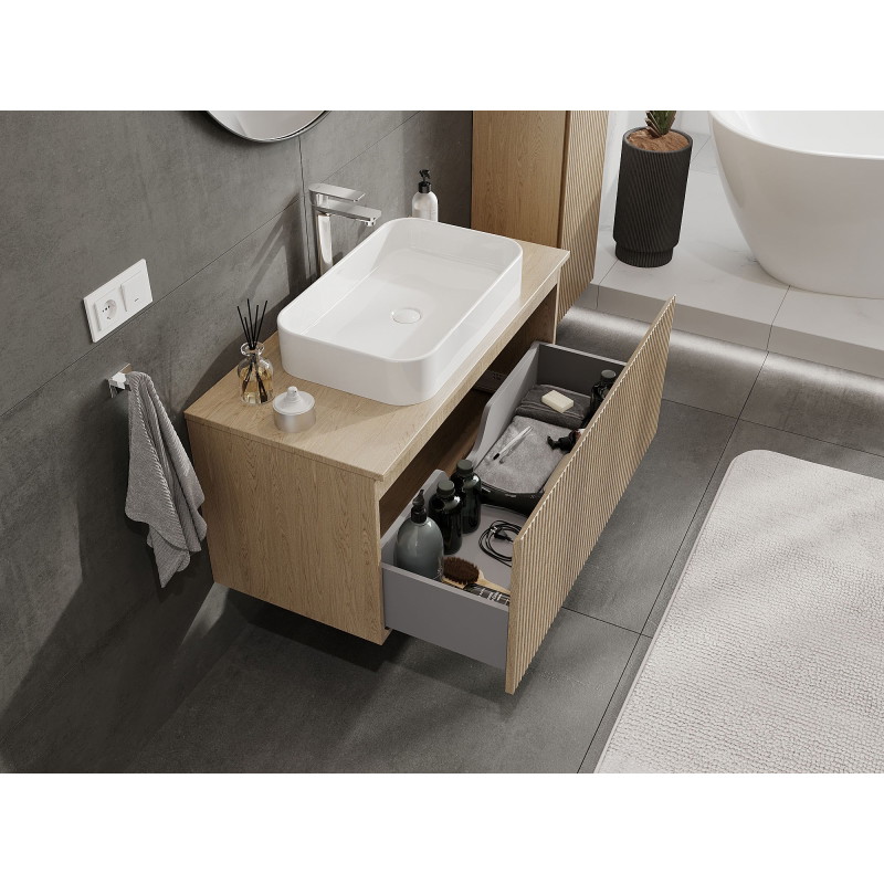 Mexen Rivel dulap de baie sub lavoar 100 cm cu blat, 1 sertar, riflat, stejar - 91A20-10047-1-BFC81