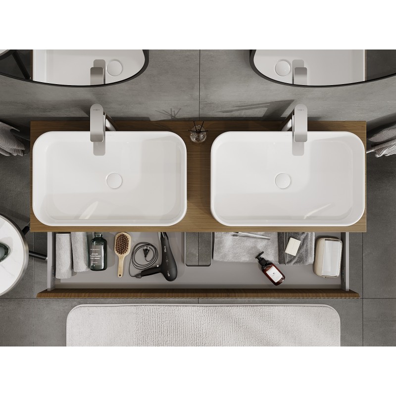 Mexen Rivel 140 cm-es fürdőszobai mosdószekrény munkalappal, 1 fiók, hornyos, dió - 91A20-14023-1-BFC86