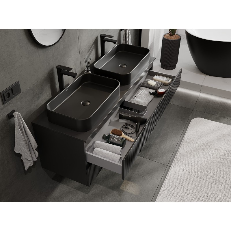 Mexen Rivel 140 cm-es mosdó alatti fürdőszobai szekrény lappal, 2 fiók, bordázott, fekete matt - 91A20-14047-2-BFFC71
