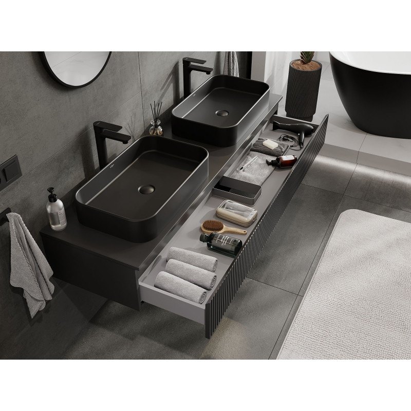 Mexen Rivel dulap baie cu blat de 160 cm, 1 sertar, textură rificată, negru mat - 91A20-16023-1-BFC71