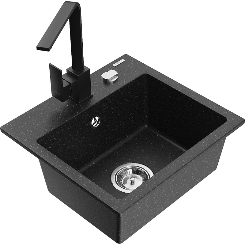 Mexen Milo gránit egymedencés mosogató Rita konyhai csappal, fekete/ezüst metál - 6505-73-670300-70