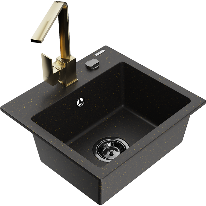 Mexen Milo chiuvetă de granit cu 1 compartiment cu baterie de bucătărie Rita, negru/auriu metalic - 6505-75-670300-50-B