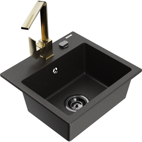 Mexen Milo chiuvetă de granit cu 1 compartiment cu baterie de bucătărie Rita, negru/auriu metalic - 6505-75-670300-50-B
