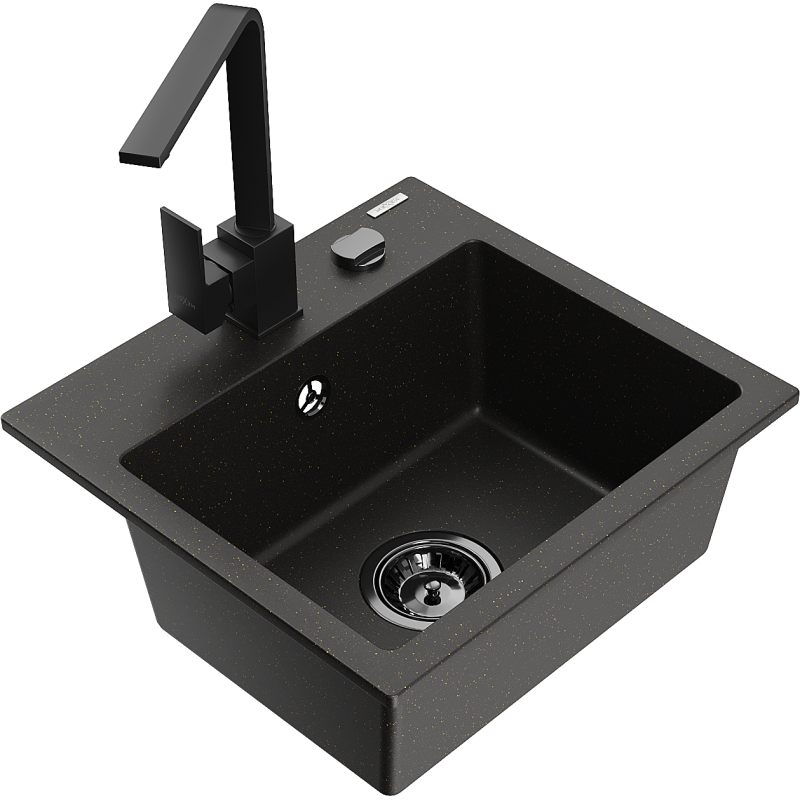 Mexen Milo chiuvetă de granit cu o singură cuvă cu baterie de bucătărie Rita, negru/aureu metalizat - 6505-75-670300-70-B