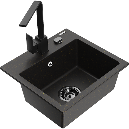 Mexen Milo chiuvetă de granit cu o singură cuvă cu baterie de bucătărie Rita, negru/aureu metalizat - 6505-75-670300-70-B