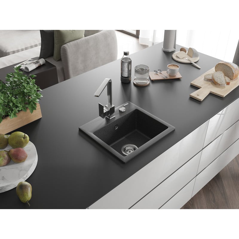 Mexen Milo chiuvetă de granit cu 1 compartiment cu baterie de bucătărie Rita, negru pistruiat - 6505-76-670300-00