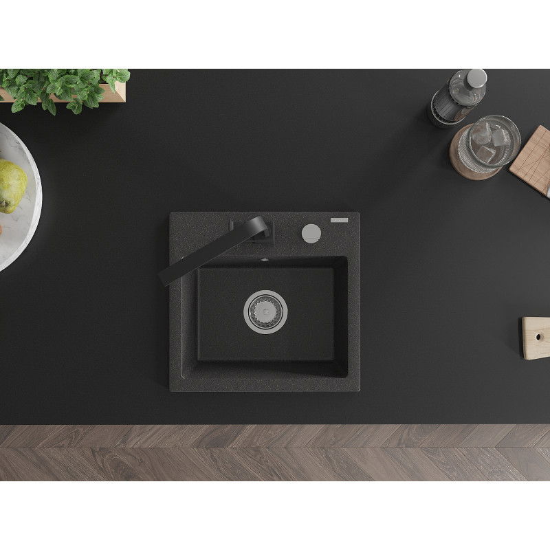 Mexen Milo chiuvetă de bucătărie din granit cu 1 compartiment și baterie de bucătărie Rita, negru stropit - 6505-76-670300-70