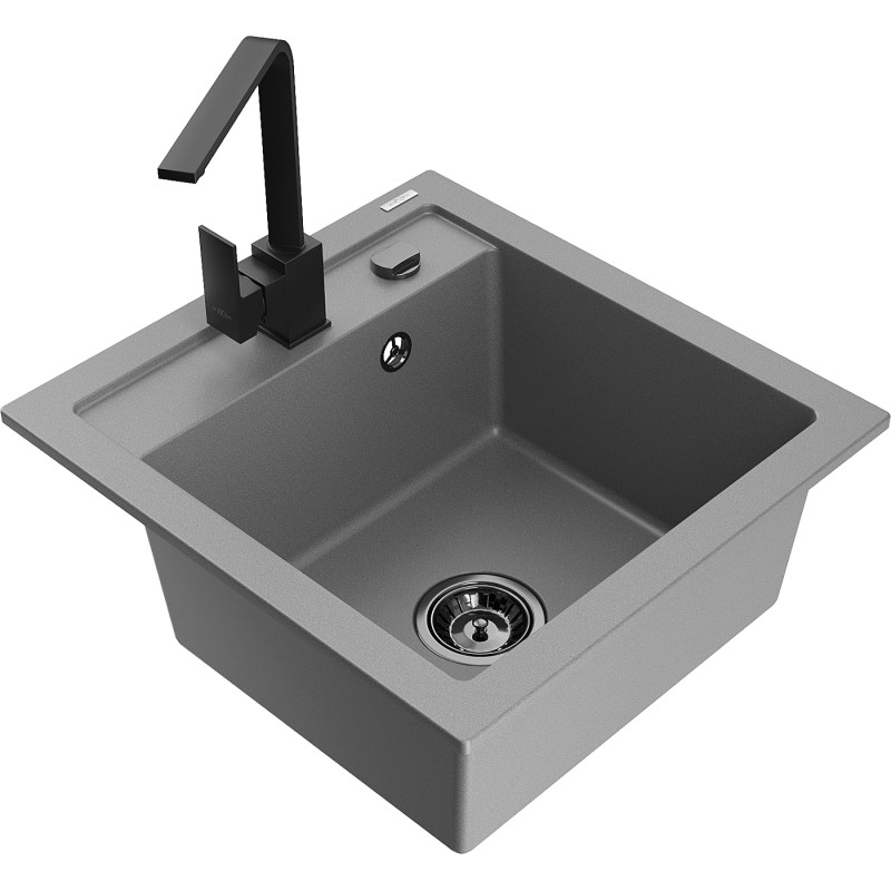 Mexen Vito chiuvetă de granit cu o cuvă și baterie de bucătărie Rita, gri - 6503-71-670300-70-B