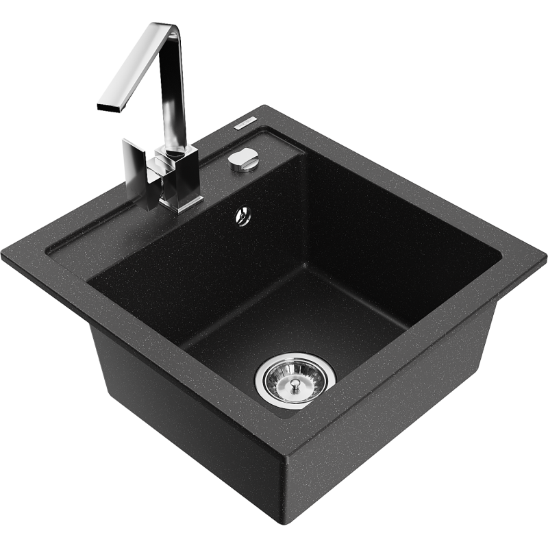 Mexen Vito chiuvetă de granit cu o cuvă, cu baterie de bucătărie Rita, negru/argintiu metalizat - 6503-73-670300-00
