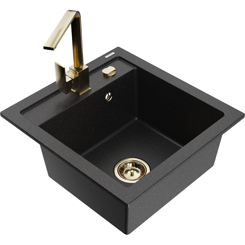 Mexen Vito chiuvetă de bucătărie din granit cu 1 compartiment și baterie de bucătărie Rita, negru/argintiu metalizat