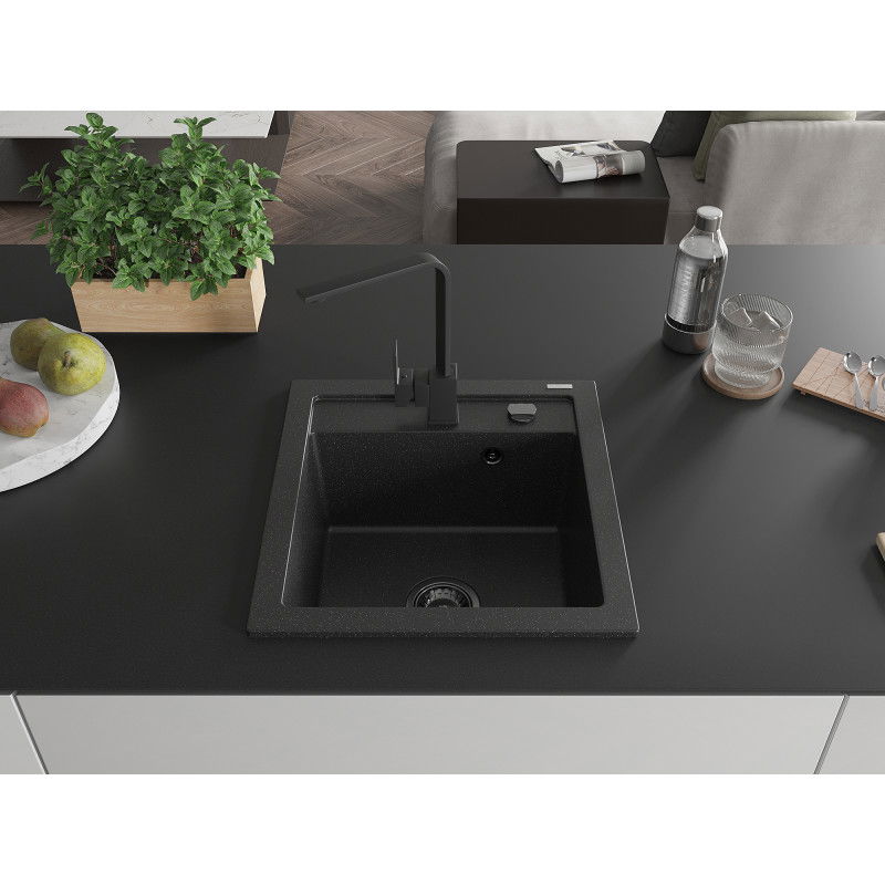 Mexen Vito gránit mosogató 1-medencés Rita konyhai csapteleppel, fekete/ezüst metál - 6503-73-670300-70-B