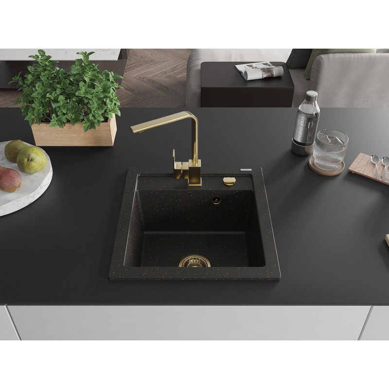 Mexen Vito chiuvetă granitică cu 1 cuvă și baterie de bucătărie Rita, negru/auriu metalizat - 6503-75-670300-50