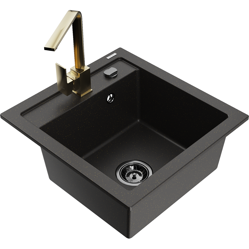 Mexen Vito chiuvetă de granit cu o singură cuvă, cu baterie de bucătărie Rita, negru/auriu metalic - 6503-75-670300-50-B
