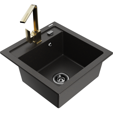Mexen Vito chiuvetă de granit cu o singură cuvă, cu baterie de bucătărie Rita, negru/auriu metalic - 6503-75-670300-50-B