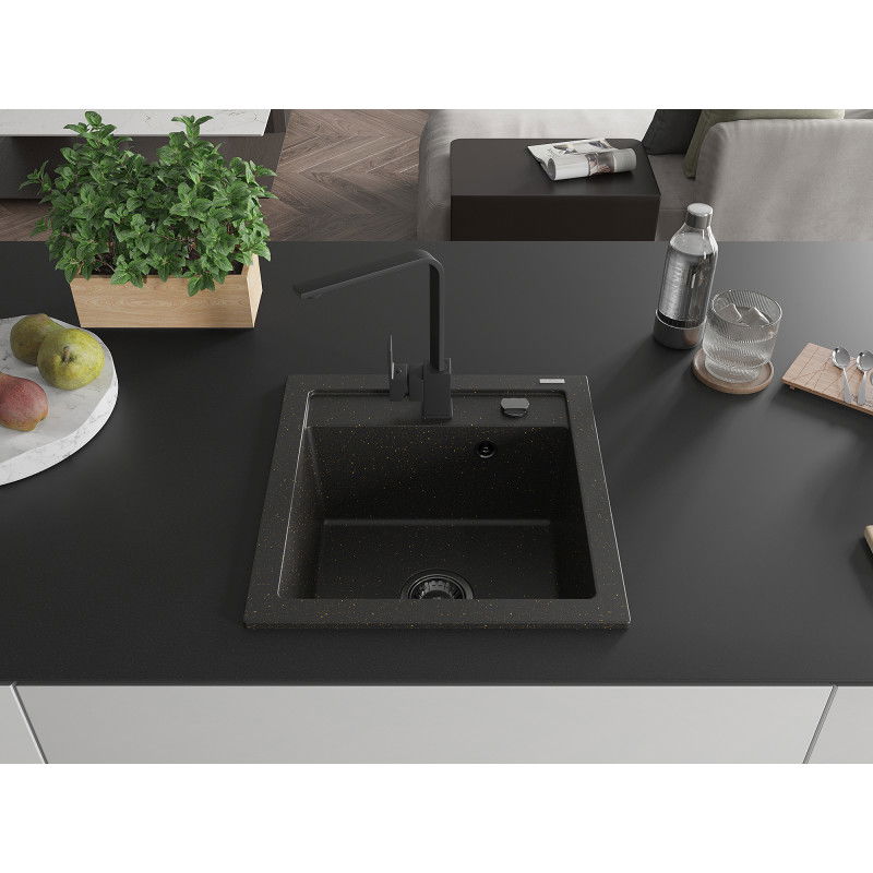 Mexen Vito chiuvetă granitică cu 1 compartiment și baterie de bucătărie Rita, negru/auriu metalic - 6503-75-670300-70-B