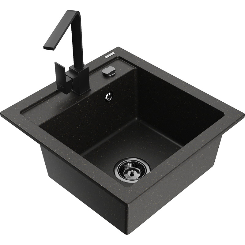 Mexen Vito chiuvetă din granit cu 1 compartiment cu baterie de bucătărie Rita, negru/auriu metalizat - 6503-75-670300-70-B