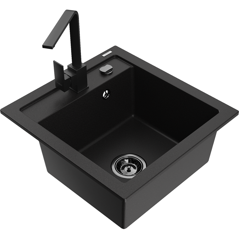 Chiuvetă de granit Mexen Vito cu 1 cuvă și baterie de bucătărie Rita, negru - 6503-77-670300-70-B