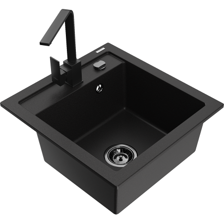 Chiuvetă de granit Mexen Vito cu 1 cuvă și baterie de bucătărie Rita, negru - 6503-77-670300-70-B