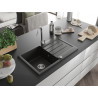 Mexen Bruno chiuvetă de granit cu o cuvă și picurător 795 x 495 mm, negru/auriu metalizat, sifon cromat - 6513791010-75