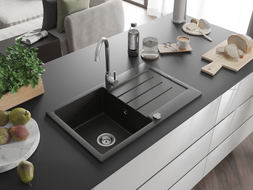 Mexen Bruno chiuvetă de granit cu o cuvă și picurător 795 x 495 mm, negru/auriu metalizat, sifon cromat - 6513791010-75