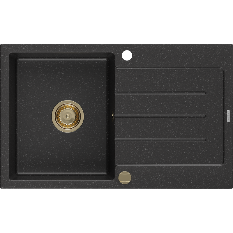 Mexen Bruno chiuvetă de granit cu 1 cuvă și scurgător 795 x 495 mm, negru/argintiu metalizat, sifon auriu - 6513791010-73-G