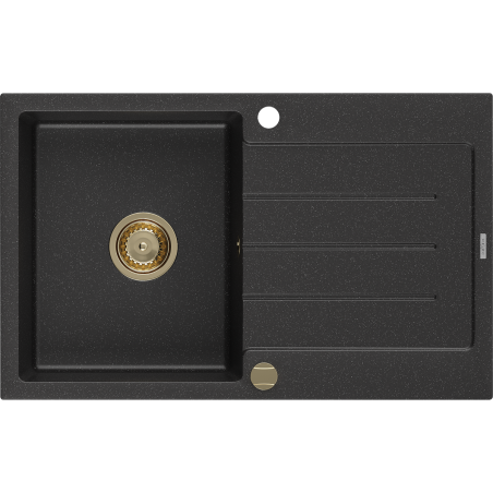 Mexen Bruno chiuvetă de granit cu 1 cuvă și scurgător 795 x 495 mm, negru/argintiu metalizat, sifon auriu - 6513791010-73-G