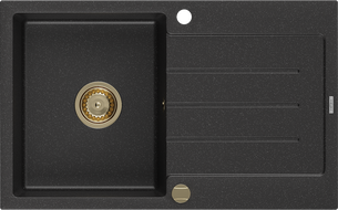 Mexen Bruno chiuvetă de granit cu 1 cuvă și scurgător 795 x 495 mm, negru/argintiu metalizat, sifon auriu - 6513791010-73-G