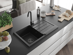 Mexen Bruno chiuvetă de granit cu 1 cuvă și picurător 795 x 495 mm, negru/argintiu metalic, sifon negru - 6513791010-73-B