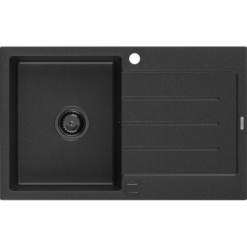 Mexen Bruno chiuvetă de granit cu 1 compartiment și scurgător 795 x 495 mm, negru/argintiu metalic, sifon negru