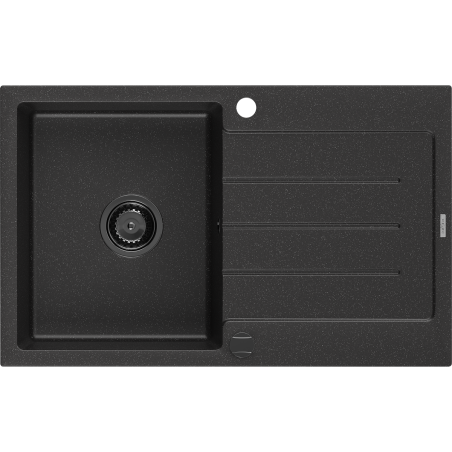 Mexen Bruno chiuvetă de granit cu 1 compartiment și scurgător 795 x 495 mm, negru/argintiu metalic, sifon negru
