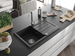 Mexen Bruno 1-medencés gránit mosogató edényszárítóval 795 x 495 mm, Fekete/Fém ezüst- 6513791010-73
