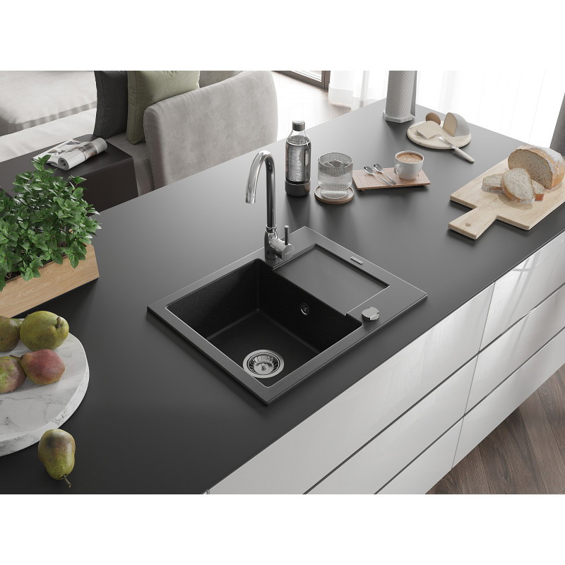 Mexen Enzo chiuvetă de granit cu 1 cuvă și scurgător 576 x 465 mm, negru/metalizat argintiu, sifon crom - 6506571005-73