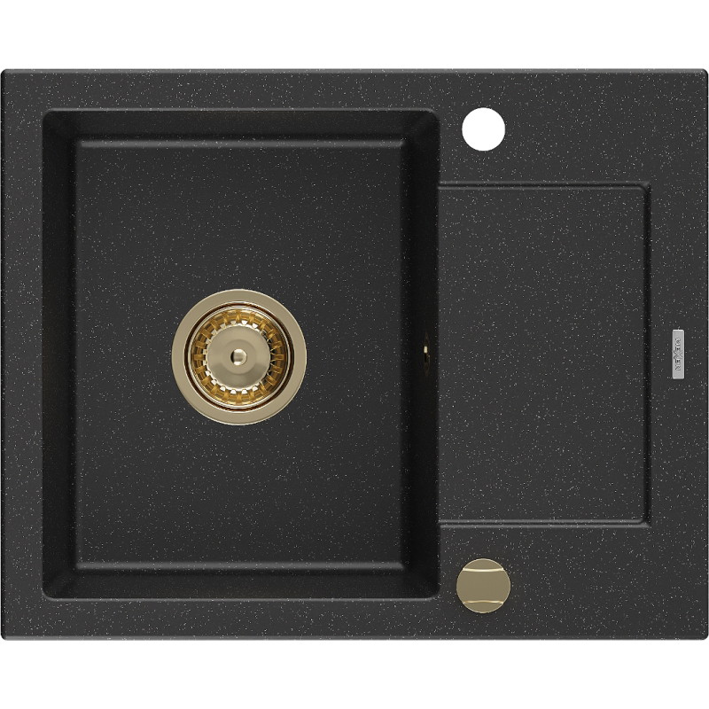 Mexen Enzo chiuvetă de granit cu o cuvă și scurgător 576 x 465 mm, negru/argintiu metalic, sifon auriu - 6506571005-73-G