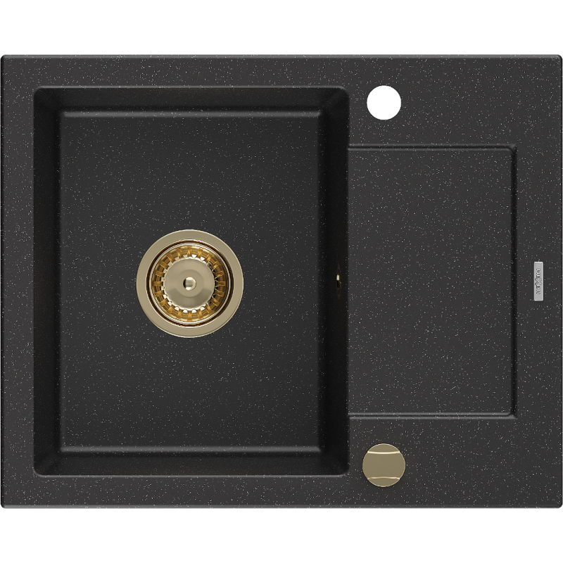 Mexen Enzo chiuvetă din granit cu 1 cameră și picurător 576 x 465 mm, negru/argintiu metalic, sifon auriu - 6506571005-73-G