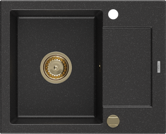 Mexen Enzo chiuvetă de granit cu o cameră și scurgător 576 x 465 mm, negru/argintiu metalizat, sifon auriu - 6506571005-73-G