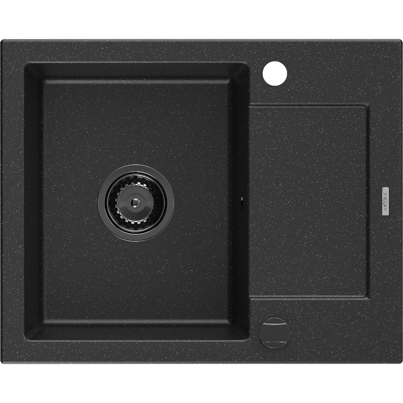 Mexen Enzo chiuvetă de granit cu 1 compartiment și picurător 576 x 465 mm, negru/argintiu metalic, sifon negru - 6506571005-73-B