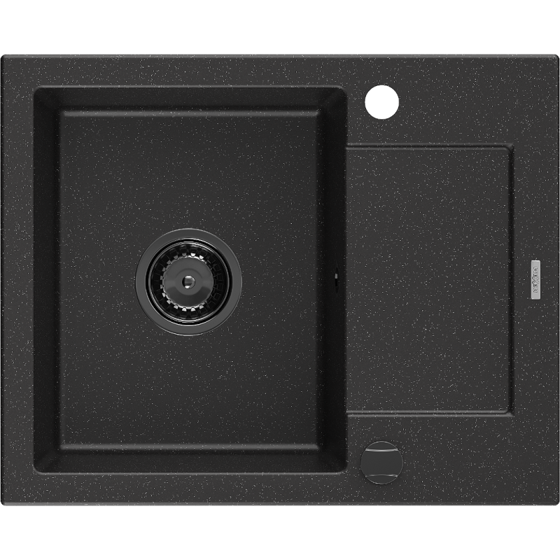 Mexen Enzo chiuvetă de granit cu o singură cuvă și scurgător 576 x 465 mm, negru/argintiu metalizat, sifon negru