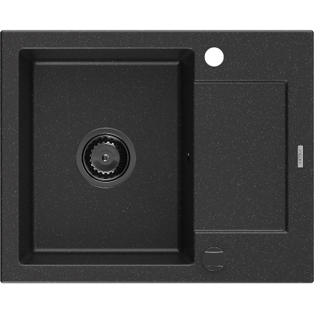 Mexen Enzo chiuvetă de granit cu o singură cuvă și scurgător 576 x 465 mm, negru/argintiu metalizat, sifon negru