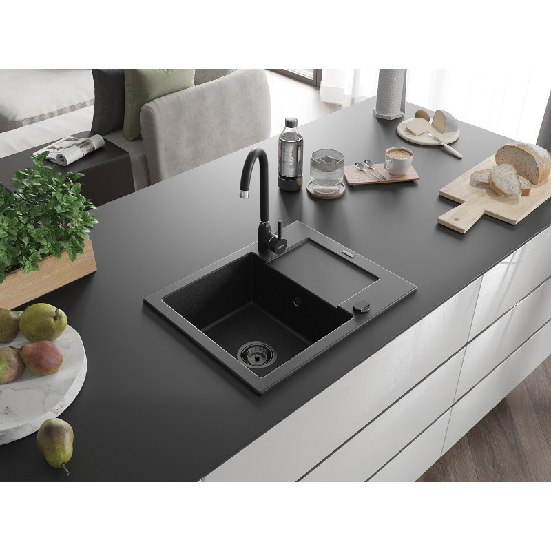 Mexen Enzo gránit mosogató 1 rekeszes csepegtetővel 576 x 465 mm, fekete/ezüst metál, fekete szifon - 6506571005-73-B