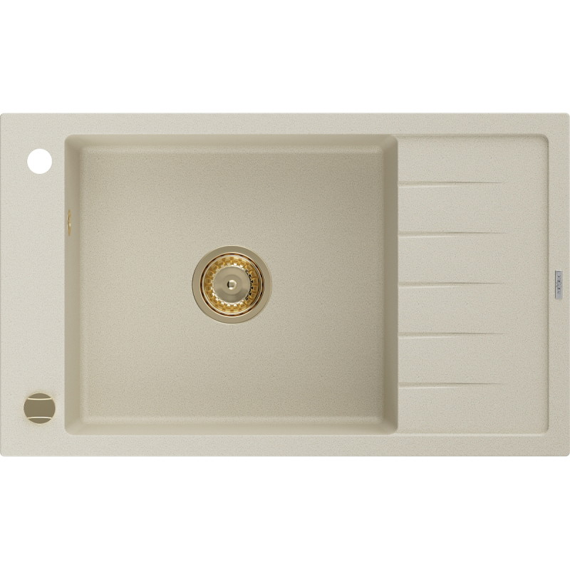 Mexen Elias chiuvetă din granit cu 1 compartiment cu scurgător 795 x 480 mm, bej, sifon auriu - 6511791005-69-G
