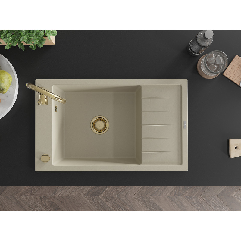 Mexen Elias chiuvetă de granit cu 1 compartiment cu scurgător 795 x 480 mm, bej, sifon auriu - 6511791005-69-G