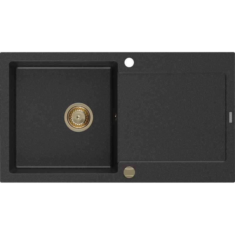 Mexen Leo 1-medencés gránit mosogató csepegtetővel 900 x 500 mm, fekete/ezüst metál, arany szifon - 6501901010-73-G