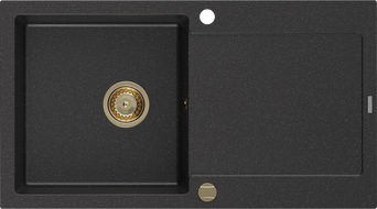 Mexen Leo 1-medencés gránit mosogató csepegtetővel 900 x 500 mm, fekete/ezüst metál, arany szifon - 6501901010-73-G