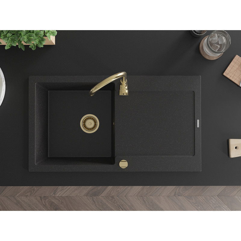 Mexen Leo chiuvetă de granit cu o cuvă și scurgător 900 x 500 mm, negru/metalic argintiu, sifon auriu - 6501901010-73-G