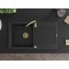 Mexen Leo 1-medencés gránit mosogató csepegtetővel 900 x 500 mm, fekete/ezüst metál, arany szifon - 6501901010-73-G